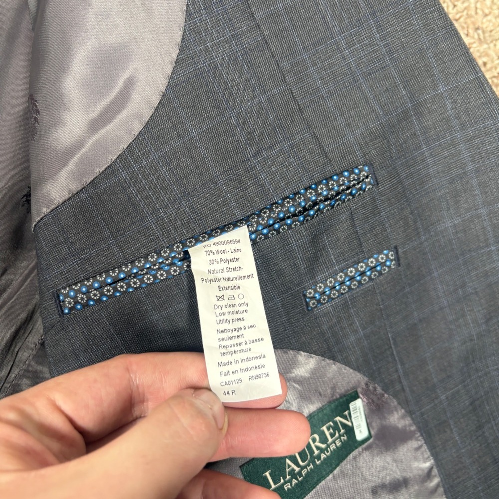 Lauren Ralph Lauren Mens 44R Suit 36x32 Charcoal Grey Blue Glen Plaid Wool Blend - Picture 8 of 16